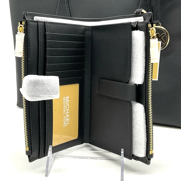 Michael Kors Bag Large Sheila Mf Tote Bag & Large Double Zip Wallet Black/Gold - Picture 9 of 10